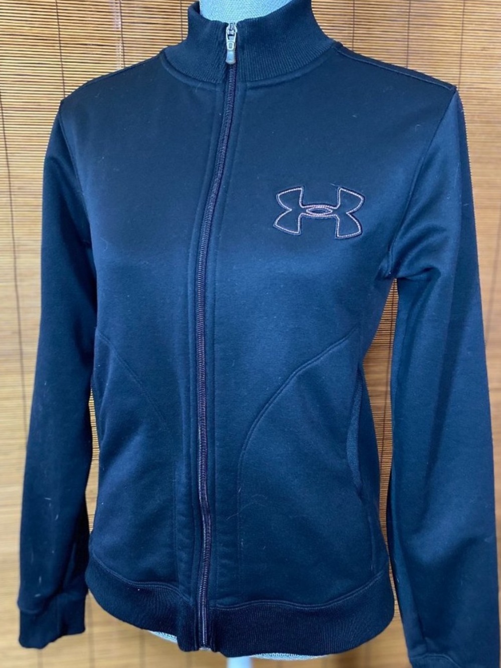 Under Armour black casual zip up fitted athletic jacket pink stitch logo detail